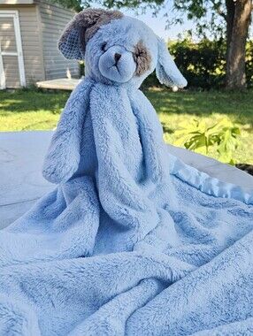 Bearington Baby Collection Blue Puppy Dog Spotted Brown Ear Lovey Blanket 27"